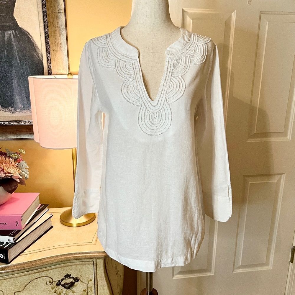 EUC Vineyard Vines Beaded White Tunic Top Blouse Shirt Size XS